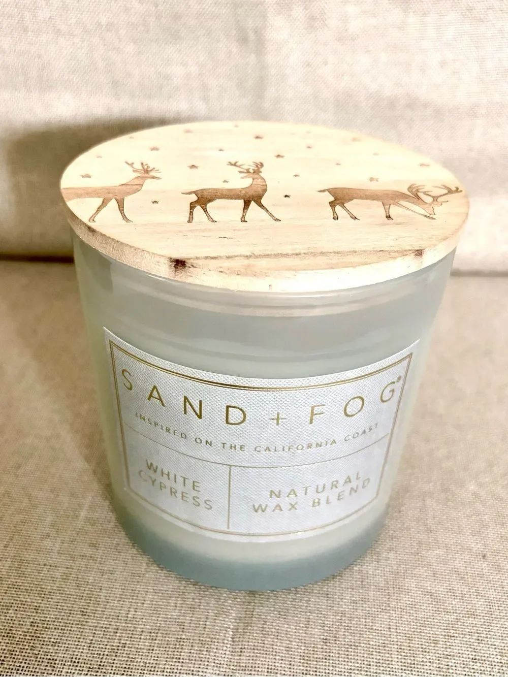 Sand + Fog White Cypress Natural Wax Blend 3 Wick Candle  New. 21 ounce